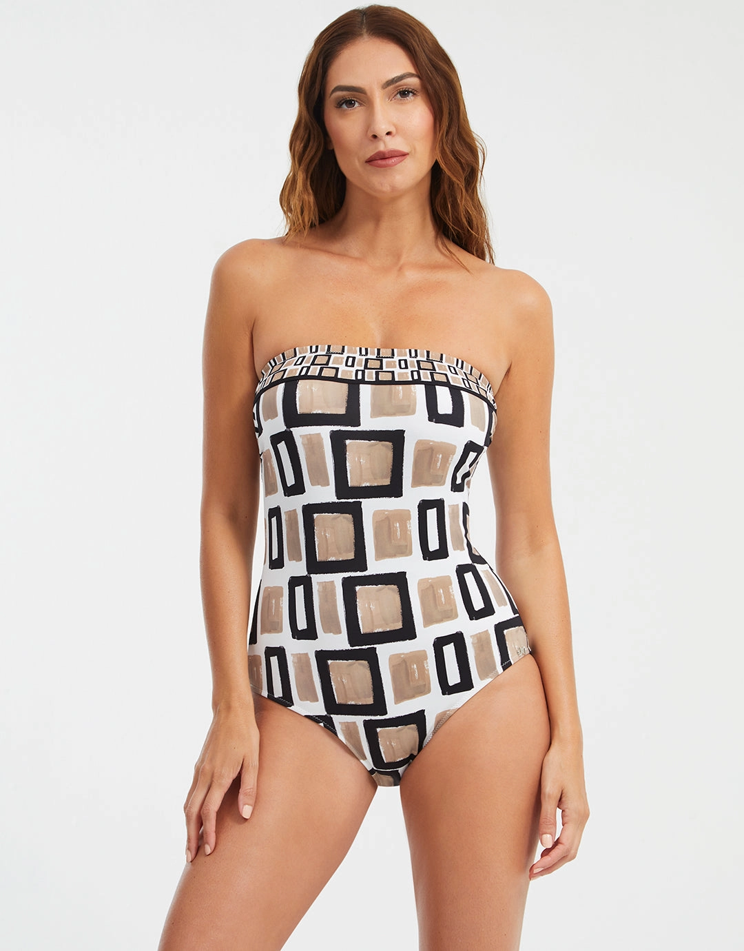Geo Bandeau Swimsuit - Black White and Gold cup sized swimwear women, supportive swimsuits for large bust