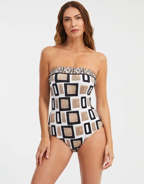 Geo Bandeau Swimsuit - Black White and Gold tummy control swimwear women, slimming swimsuits