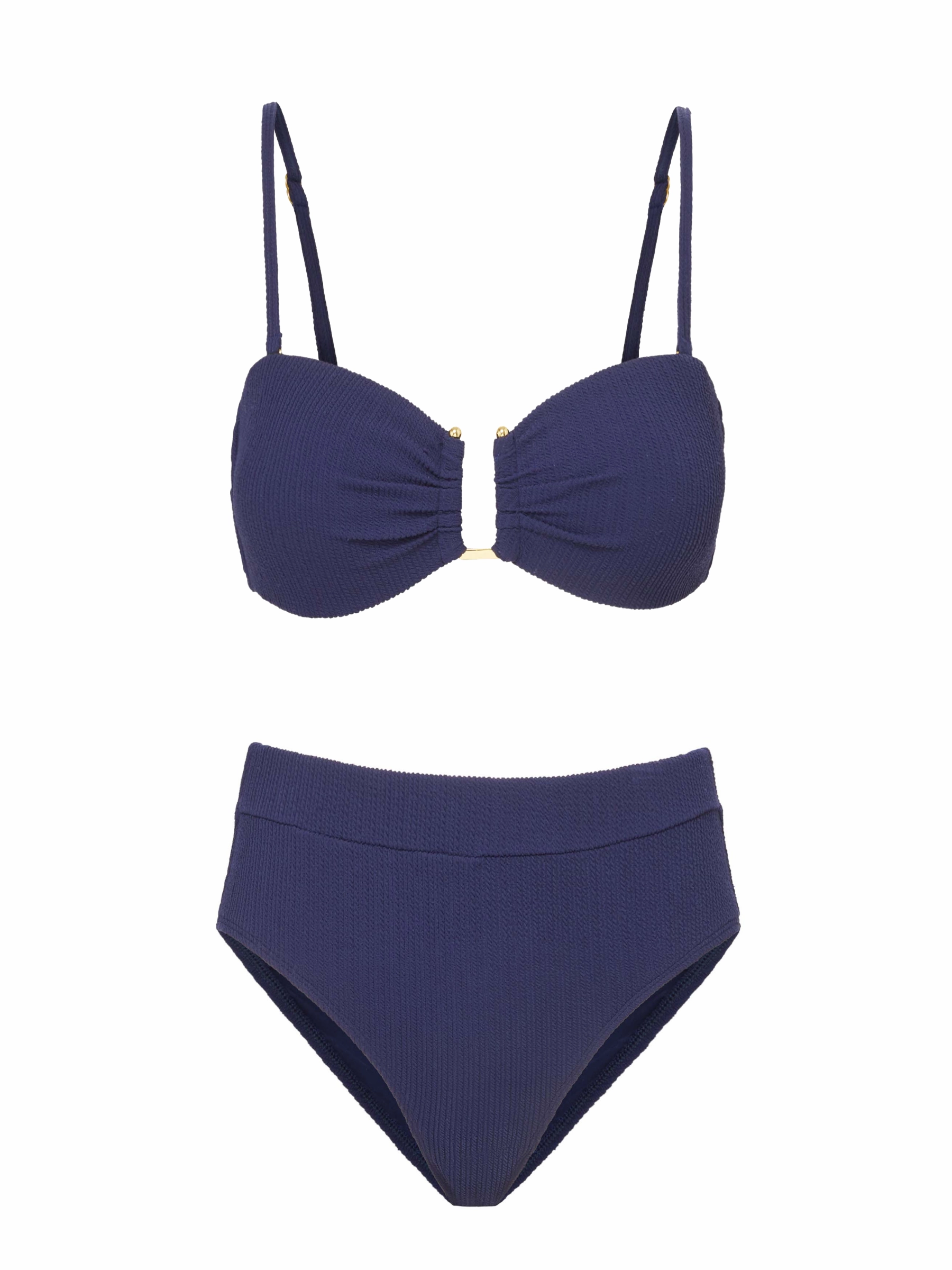 Gina Top   Hi Waist Hi Leg Bottom in Navy Texture bikini bottom with tie sides, swim top for sunbathing