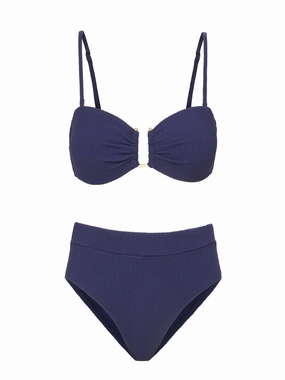 Gina Top   Hi Waist Hi Leg Bottom in Navy Texture bikini bottom with tie sides, swim top for sunbathing