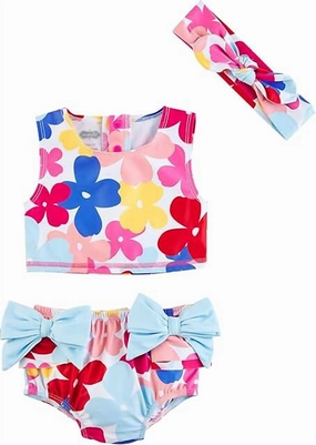 Girl's Floral Bow 2 Pc Swimsuit With Headband In Floral Multi stylish teen girl swimsuits, teen girls swimwear sets