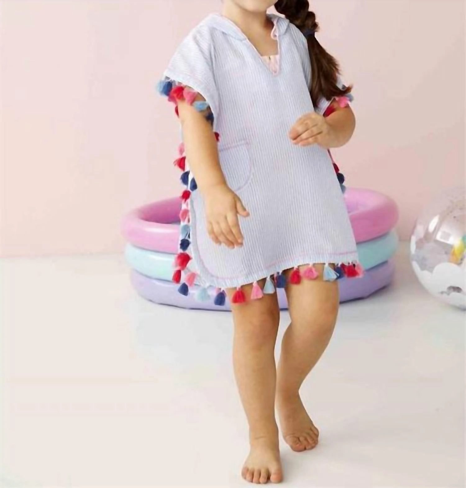 Girl's Seersucker Tassel Cover-Up In Blue