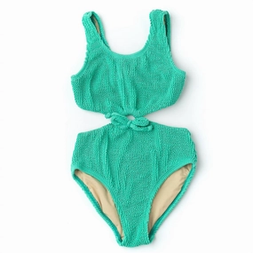 Girls Crinkle Texured Cinched Ring Monokini Swimsuit In Green stylish teen girl swimsuits, teen girls swimwear sets