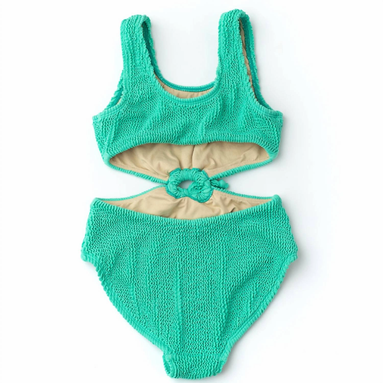 Girls Crinkle Texured Cinched Ring Monokini Swimsuit In Green