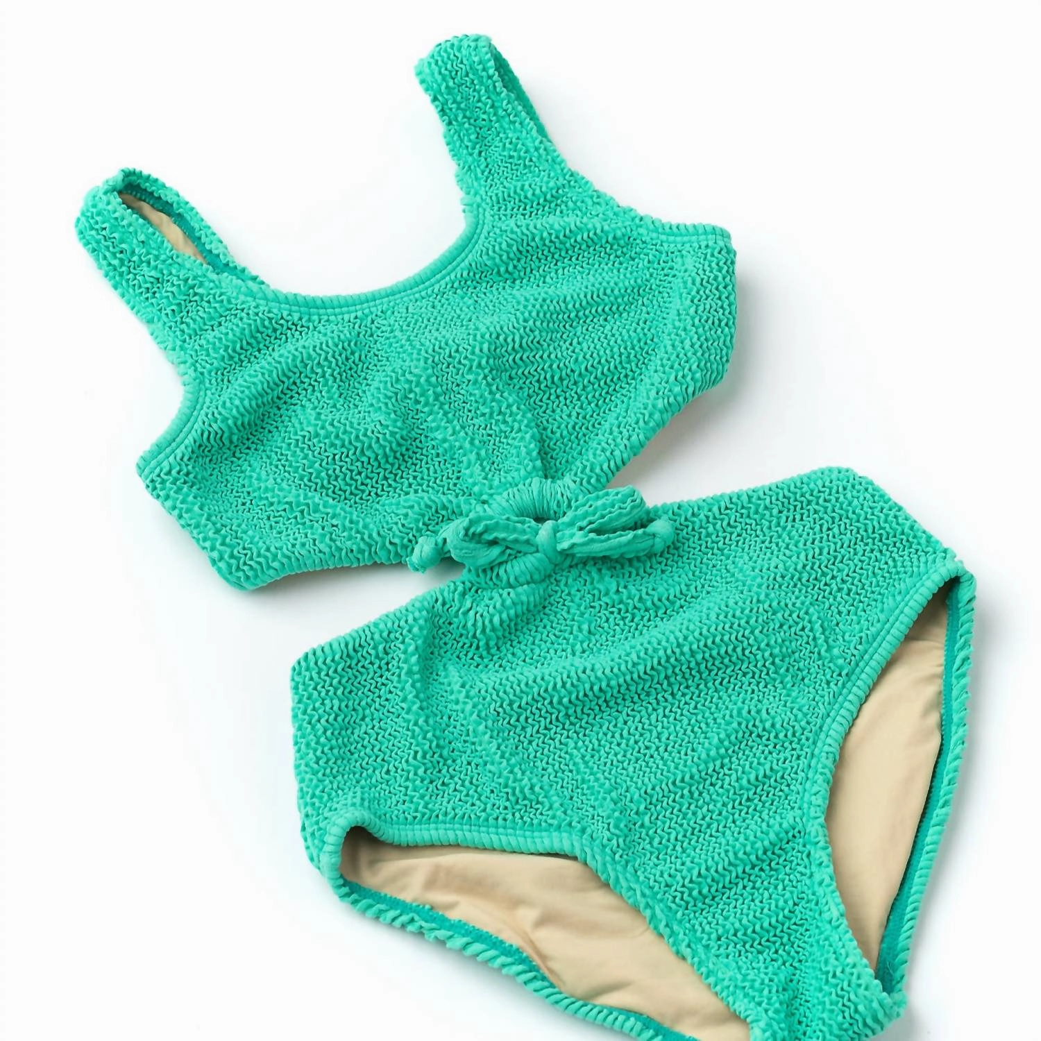 Girls Crinkle Texured Cinched Ring Monokini Swimsuit In Green