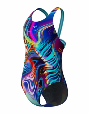 Girls Digital Allover Leaderback Swimsuit - Blue/Multi speedo mens swimwear, speedo training swimsuits