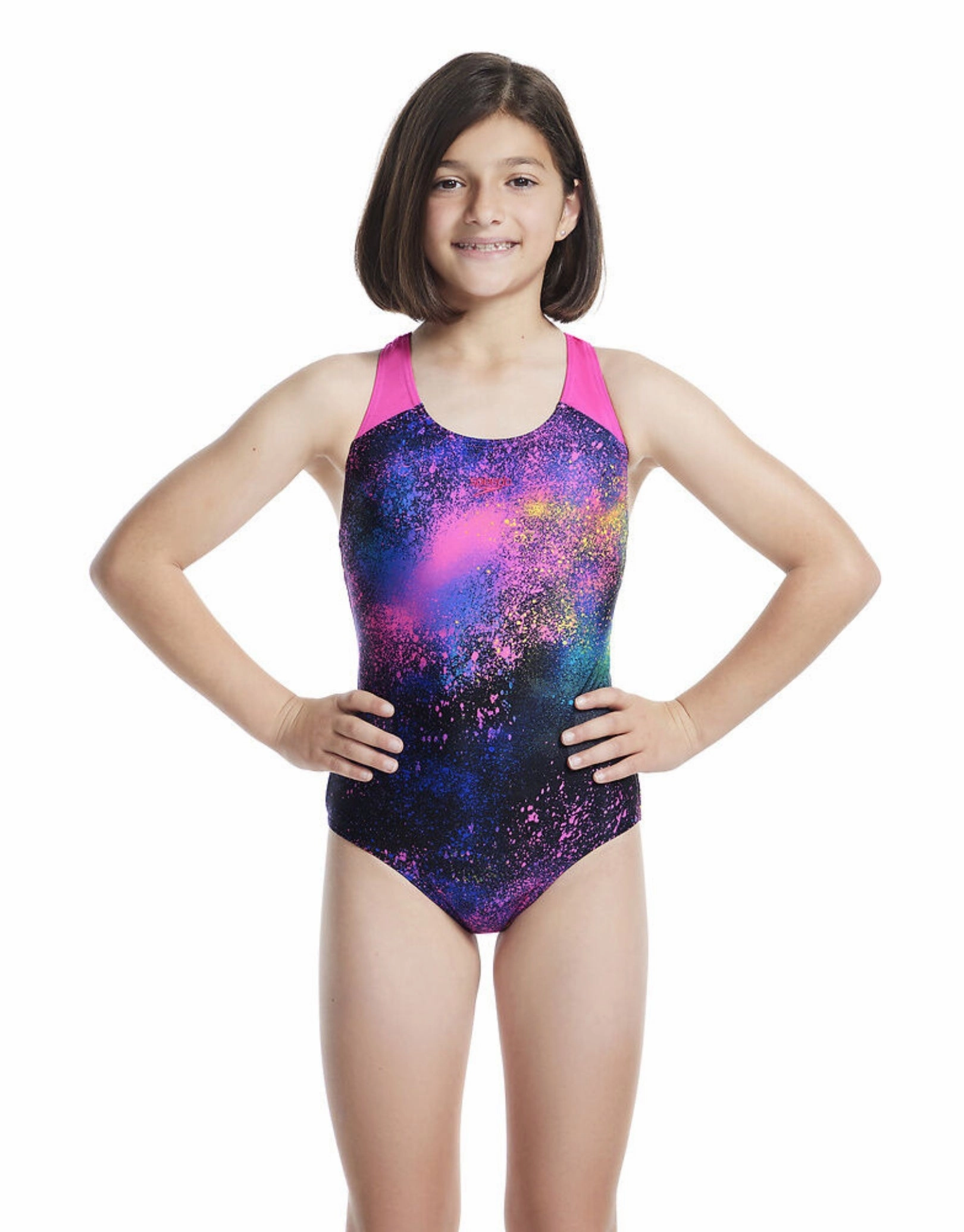 Girls Digital Allover Splashback Swimsuit - Black/Pink speedo mens swimwear, speedo training swimsuits