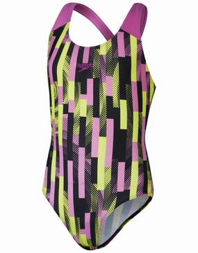 Girls Digital Allover Splashback Swimsuit - Black/Pink/Lemon speedo mens swimwear, speedo training swimsuits