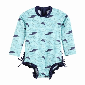 Girls Dolphin Long Sleeve Ruffle Swimsuit In Blue stylish teen girl swimsuits, teen girls swimwear sets