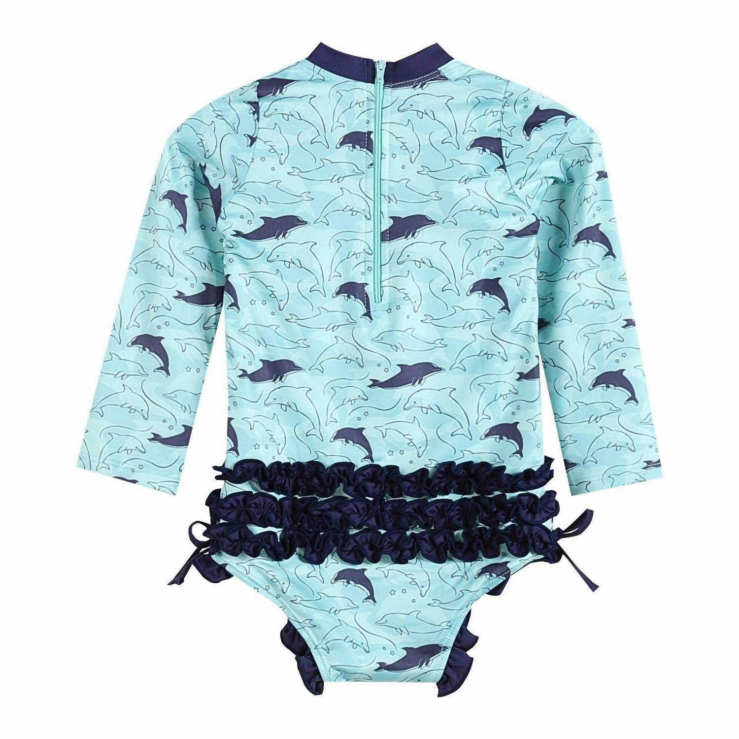 Girls Dolphin Long Sleeve Ruffle Swimsuit In Blue