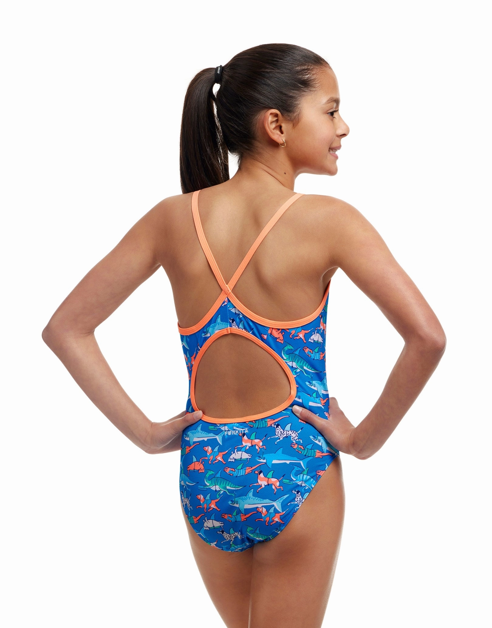 Girls Fin Swimming Diamond Back Swimsuit - Blue/Orange