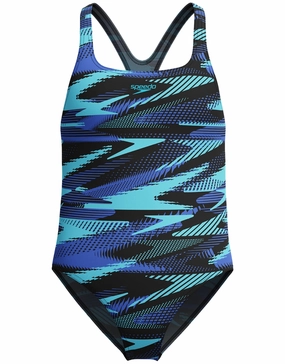 Girls HyberBoom Allover Printed Medalist Swimsuit - Black/Blue speedo mens swimwear, speedo training swimsuits