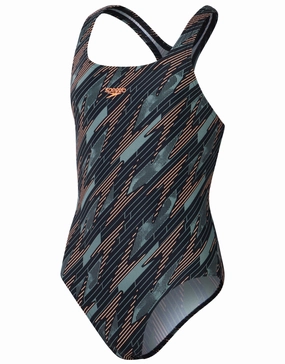 Girls Hyperboom Allover Medalist Swimsuit - Black/Green speedo mens swimwear, speedo training swimsuits