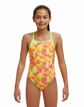 Girls Little Dotty Diamond Back Swimsuit - Yellow/Pink funkita womens swimsuits, funkita colorful swimwear