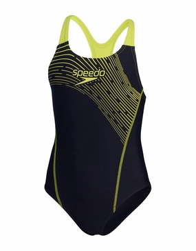 Girls Medley Logo Medalist Swimsuit - Navy/Yellow speedo mens swimwear, speedo training swimsuits