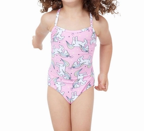 Girls Round Neck One Piece Swimsuit In Gtk Pink Unicorn cute swimsuits for teen girls, modest teen swimwear