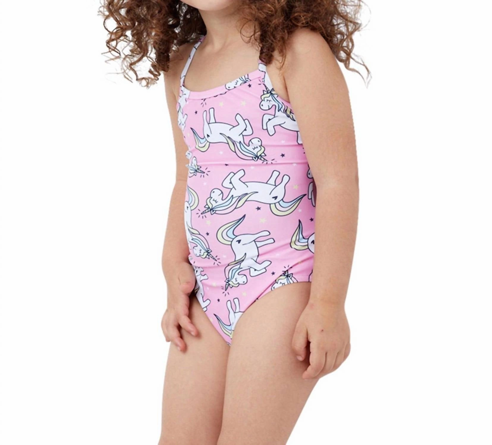 Girls Round Neck One Piece Swimsuit In Gtk Pink Unicorn