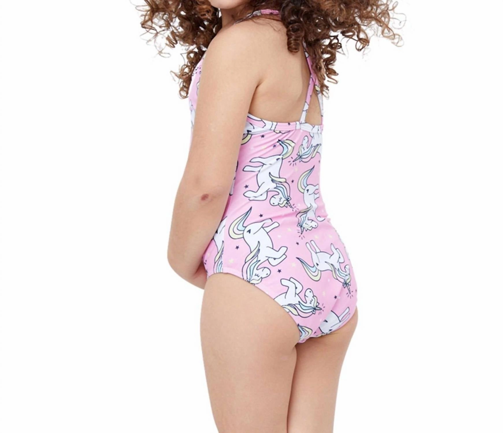 Girls Round Neck One Piece Swimsuit In Gtk Pink Unicorn