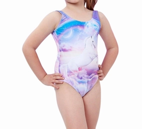 Girls Round Neck One Piece Swimsuit In Gtk Purple Unicorn cute swimsuits for teen girls, modest teen swimwear