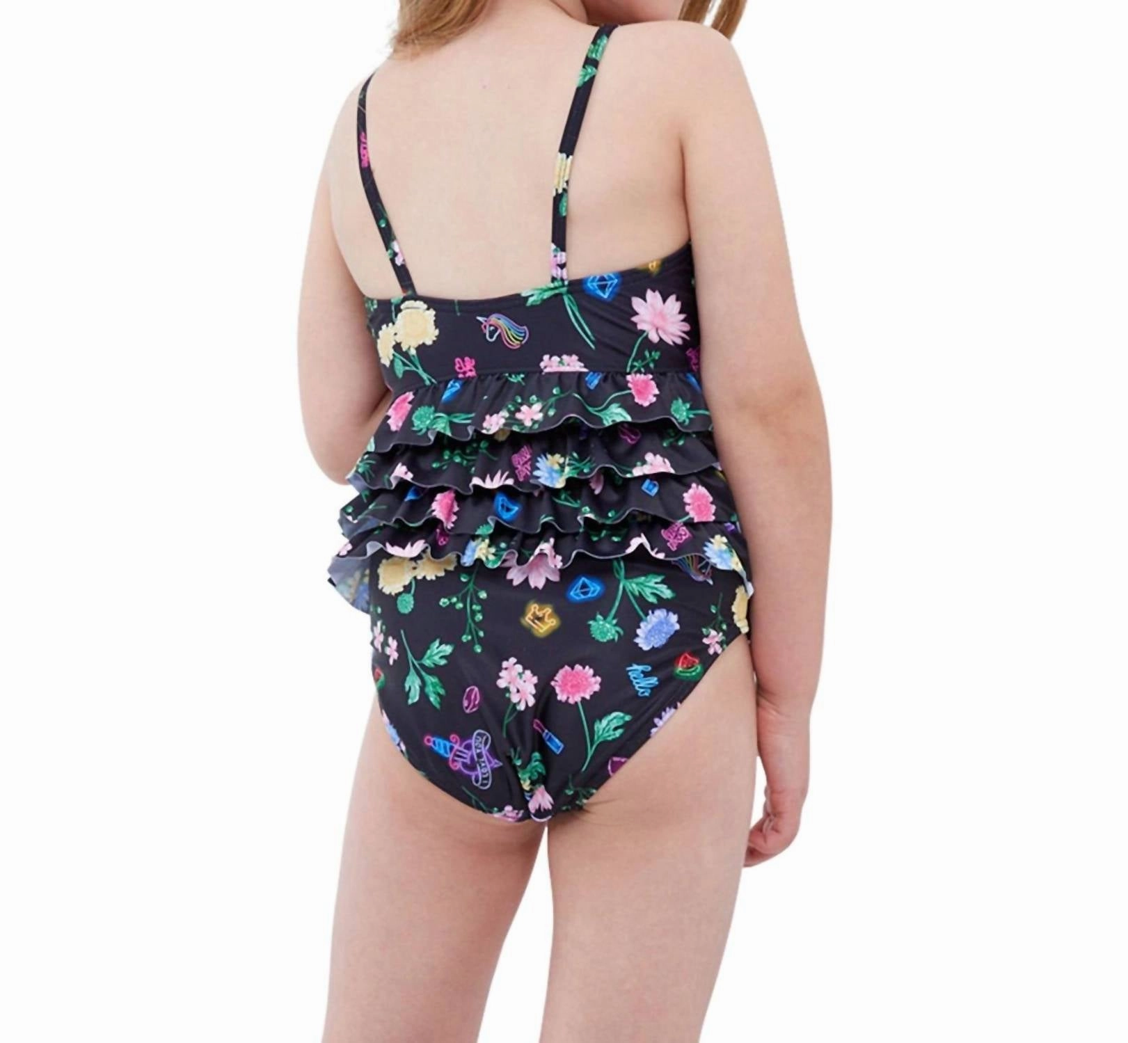 Girls Ruffle Tiered Square Neck One Piece Swimsuit In Gtk Daisies