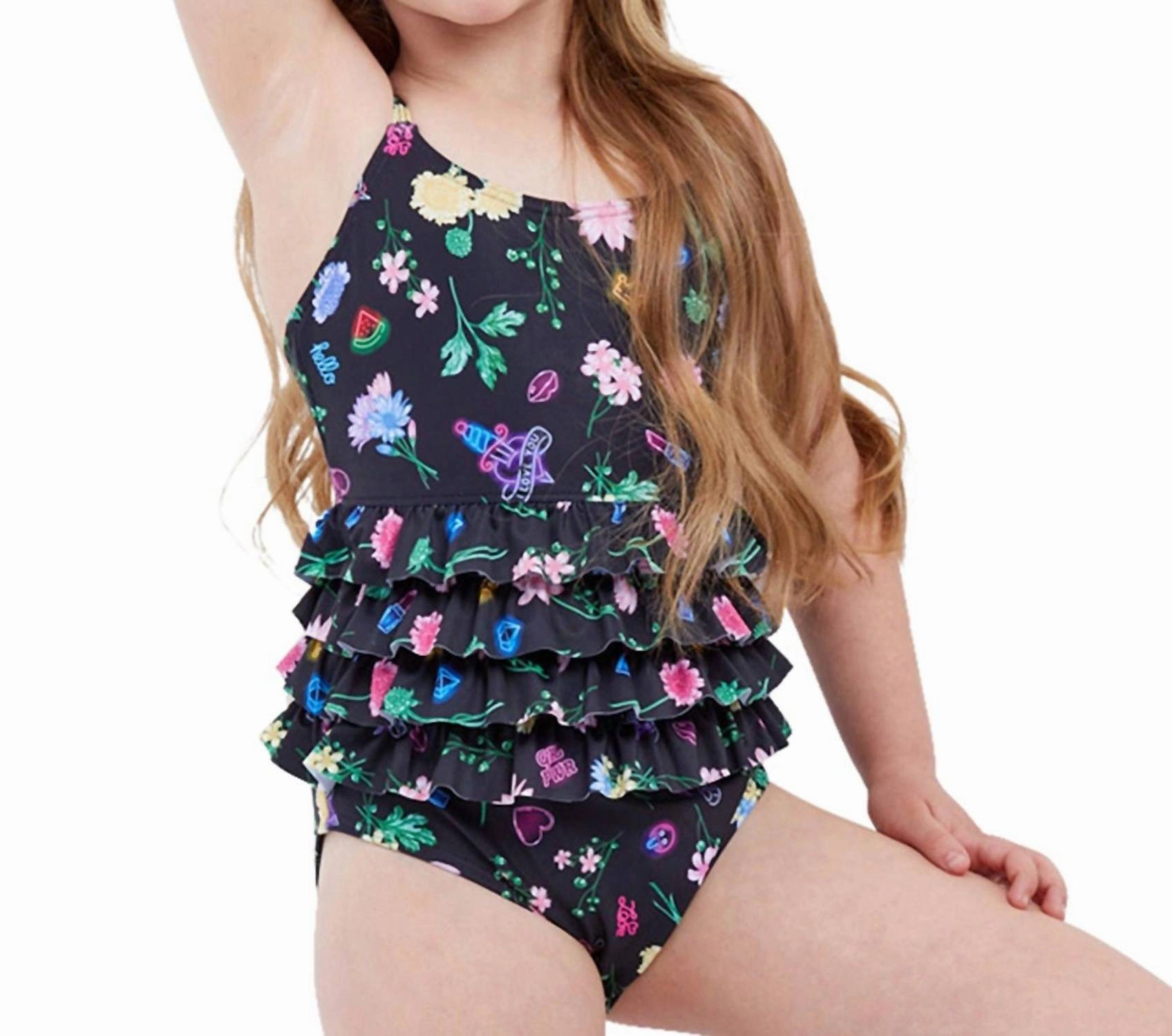 Girls Ruffle Tiered Square Neck One Piece Swimsuit In Gtk Daisies