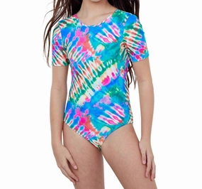 Girls Short Sleeve Tie Back One Piece Swimsuit In Tie Dye cute swimsuits for teen girls, modest teen swimwear