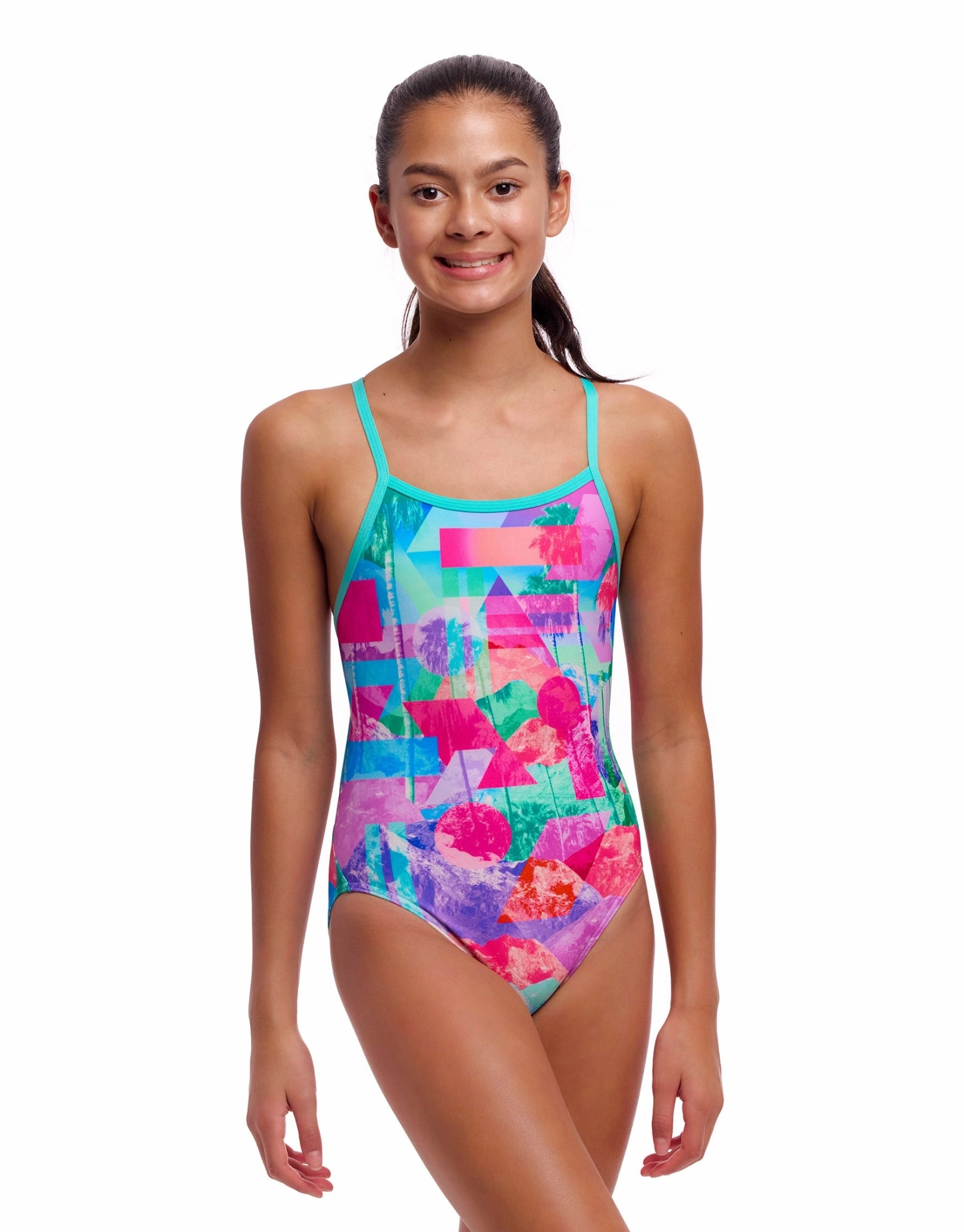 Girls Snap That Single Strap Swimsuit - Mint Green/Pink