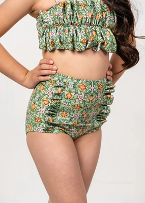 Heirloom Tulip | Mini Down in Front Ruffle Bottoms girls full coverage swimwear, kids swimwear for pool