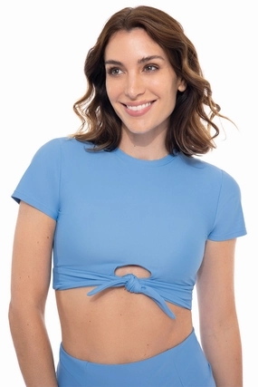 Hibiscus Island Crop Swim Tee | Clear Sky Blue womens athletic swimwear, performance swimwear for women