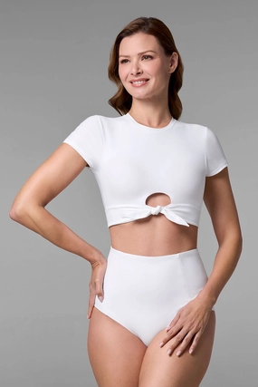 Hibiscus Island Crop Swim Tee | White womens athletic swimwear, performance swimwear for women