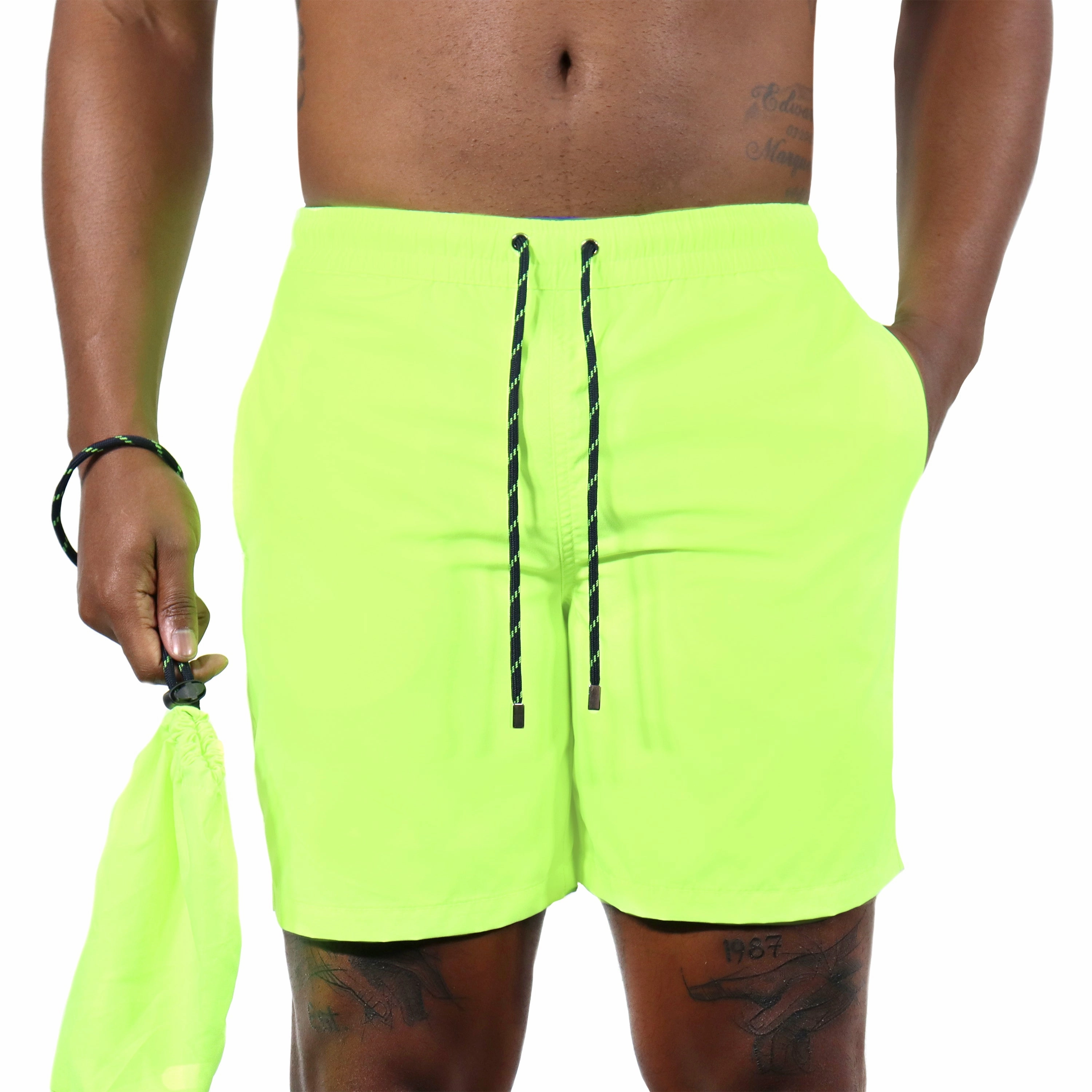 Highlighter Yellow mens beach swimwear, quick dry mens swimsuits