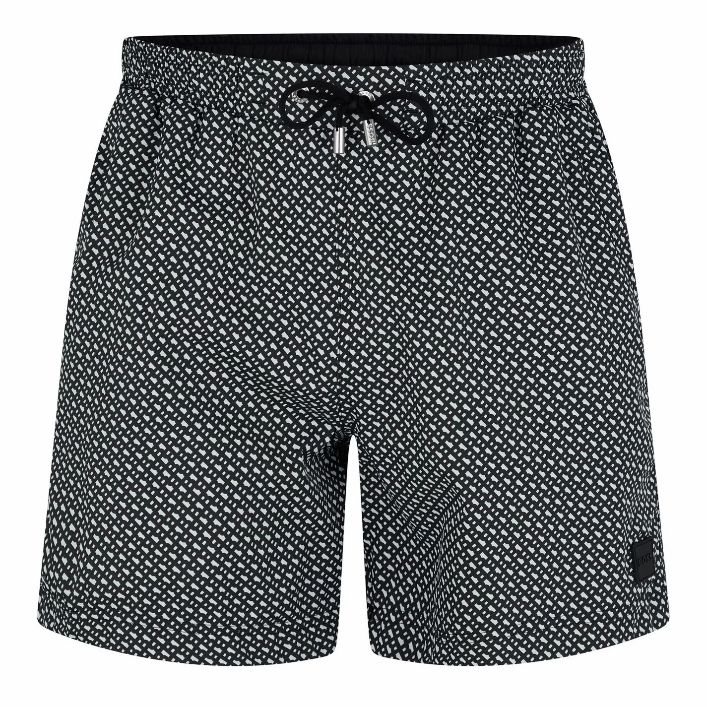 Hugo Boss Men's Ciro All-Over Logo Swim Trunks, Black mens beach swimwear, quick dry mens swimsuits