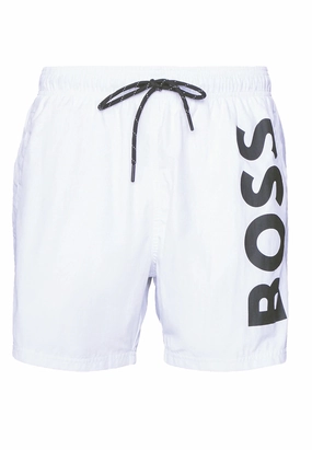 Hugo Boss Men's Octopus Swim Trunks, White mens full coverage swimwear, stylish mens swim trunks