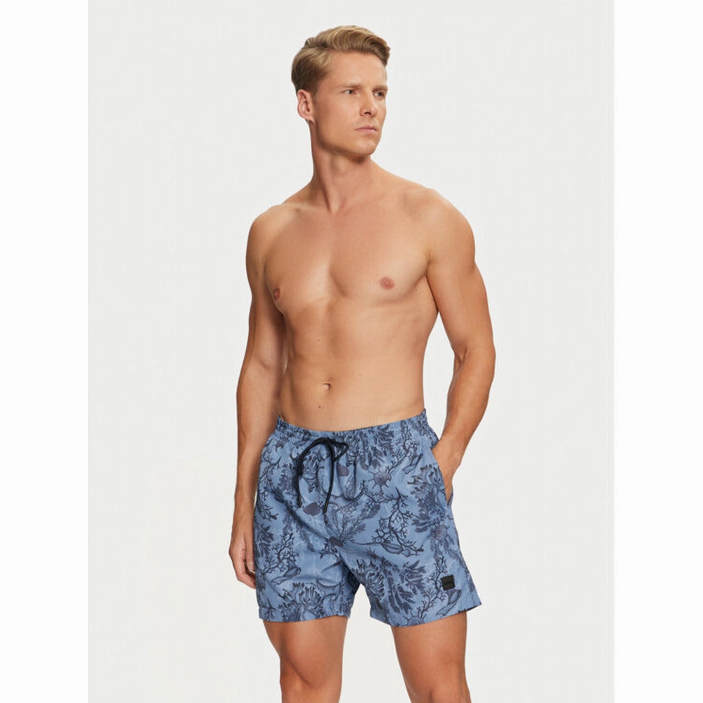 Hugo Boss Men's Reel Swim Trunks, Light Blue Palm Leaf mens beach swimwear, quick dry mens swimsuits