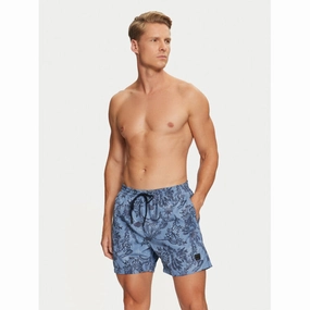 Hugo Boss Men's Reel Swim Trunks, Light Blue Palm Leaf mens beach swimwear, quick dry mens swimsuits