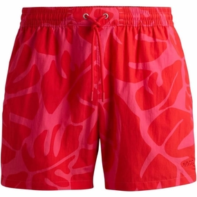 Hugo Boss Men's Standard Tonal Print Swim Trunks, Pink Punch Floral mens beach swimwear, quick dry mens swimsuits