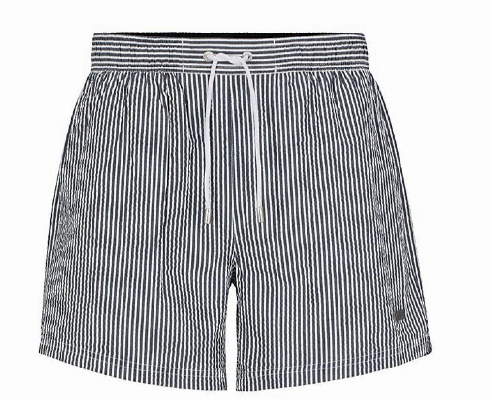 Hugo Boss Men's Velvetfish Black Striped Seersucker Swim Trunks mens beach swimwear, quick dry mens swimsuits