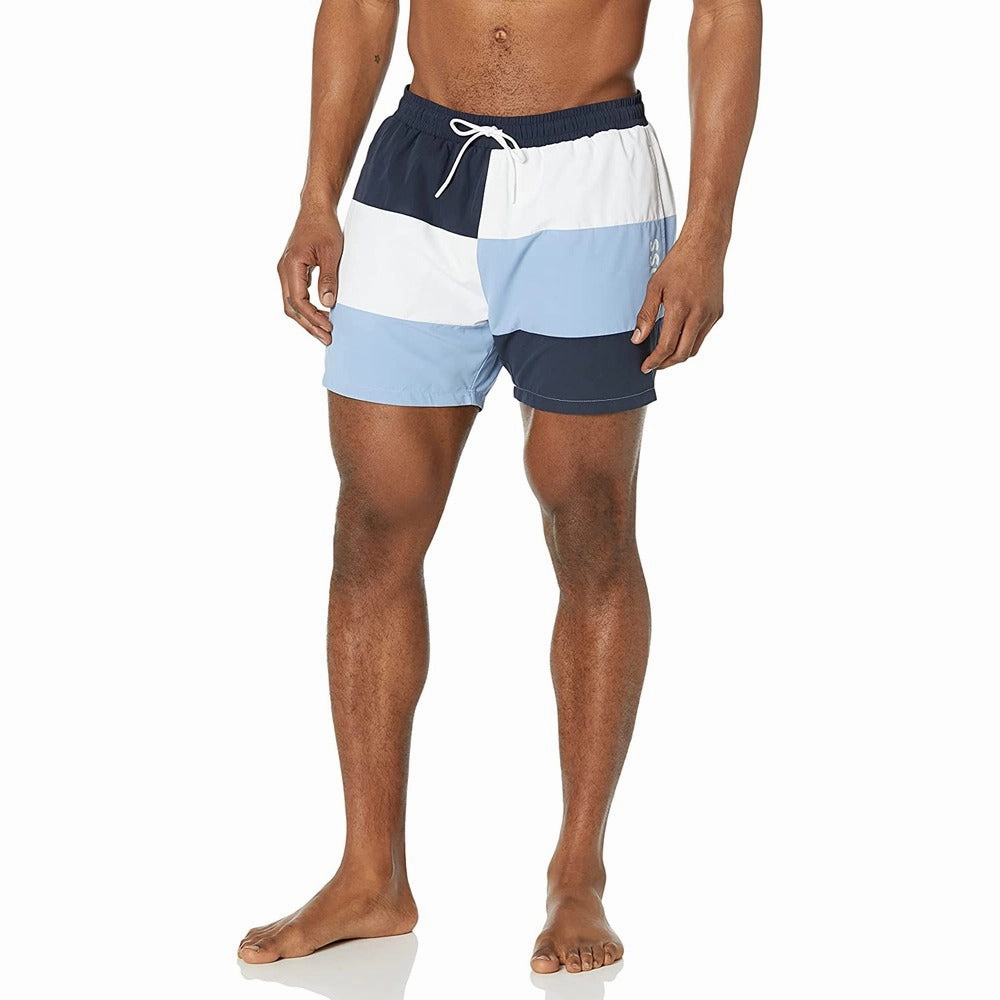 HUGO BOSS Men Standard Court Color Block Swim Shorts Trunks Night Blue/White mens beach swimwear, quick dry mens swimsuits