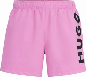 Hugo Men's Abas Vertical Logo Swim Trunks, Pink mens beach swimwear, quick dry mens swimsuits