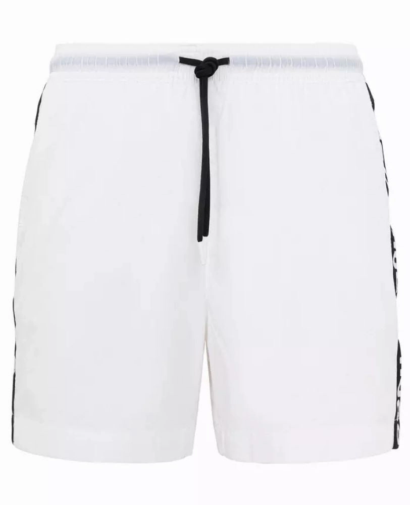Hugo Men's Fab Logo Taping Swim Trunks, White mens beach swimwear, quick dry mens swimsuits