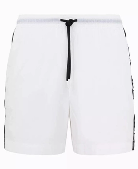 Hugo Men's Fab Logo Taping Swim Trunks, White mens beach swimwear, quick dry mens swimsuits