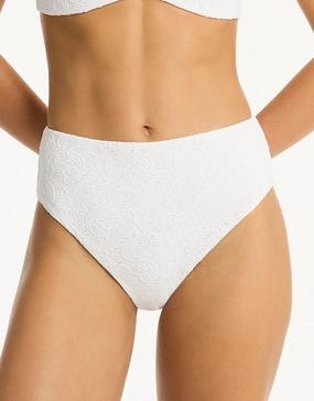 Interlace Retro High Waist Bikini Pant - White adjustable swim bottoms women, flattering bikini bottoms