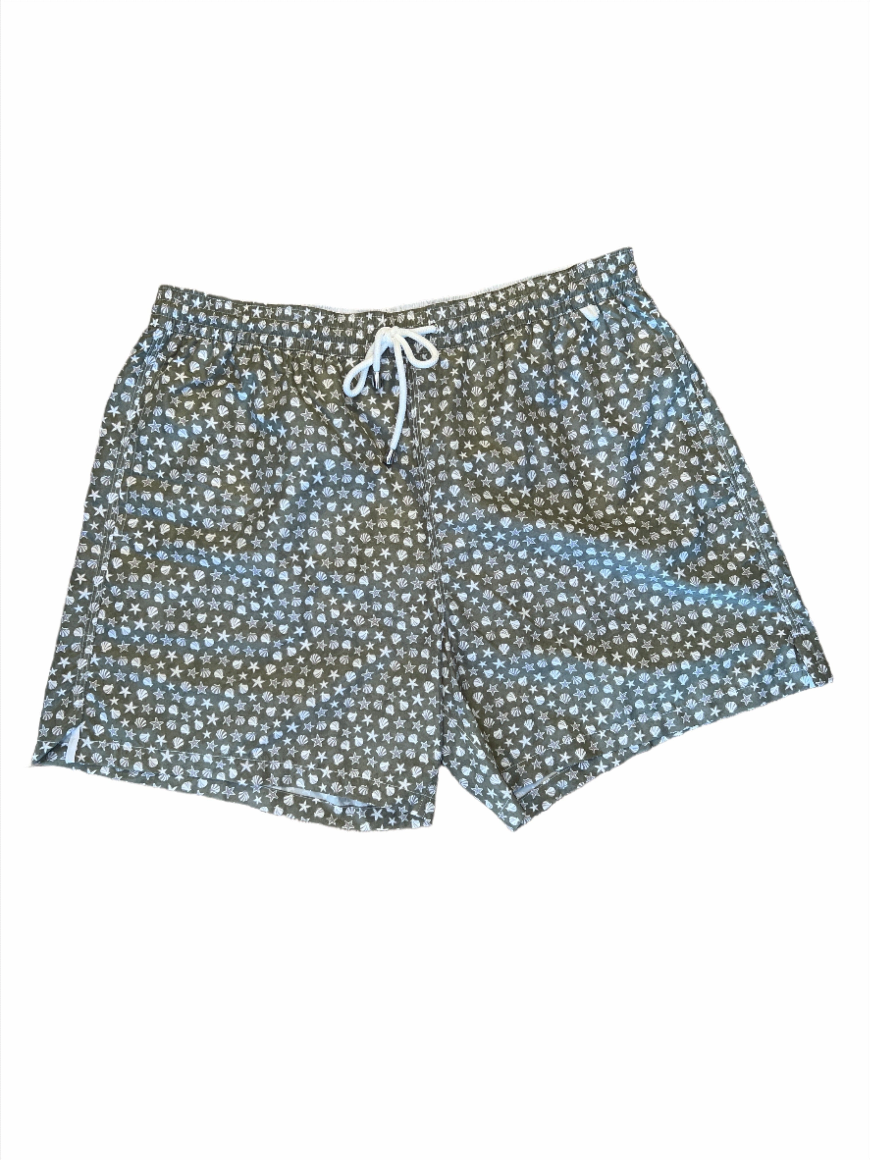 Isaia Mens Green Shell Star Pattern Swim Trunk mens beach swimwear, quick dry mens swimsuits