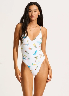 Isla Palm V Neck One Piece - White slimming one piece swimsuits, fashionable one piece suits