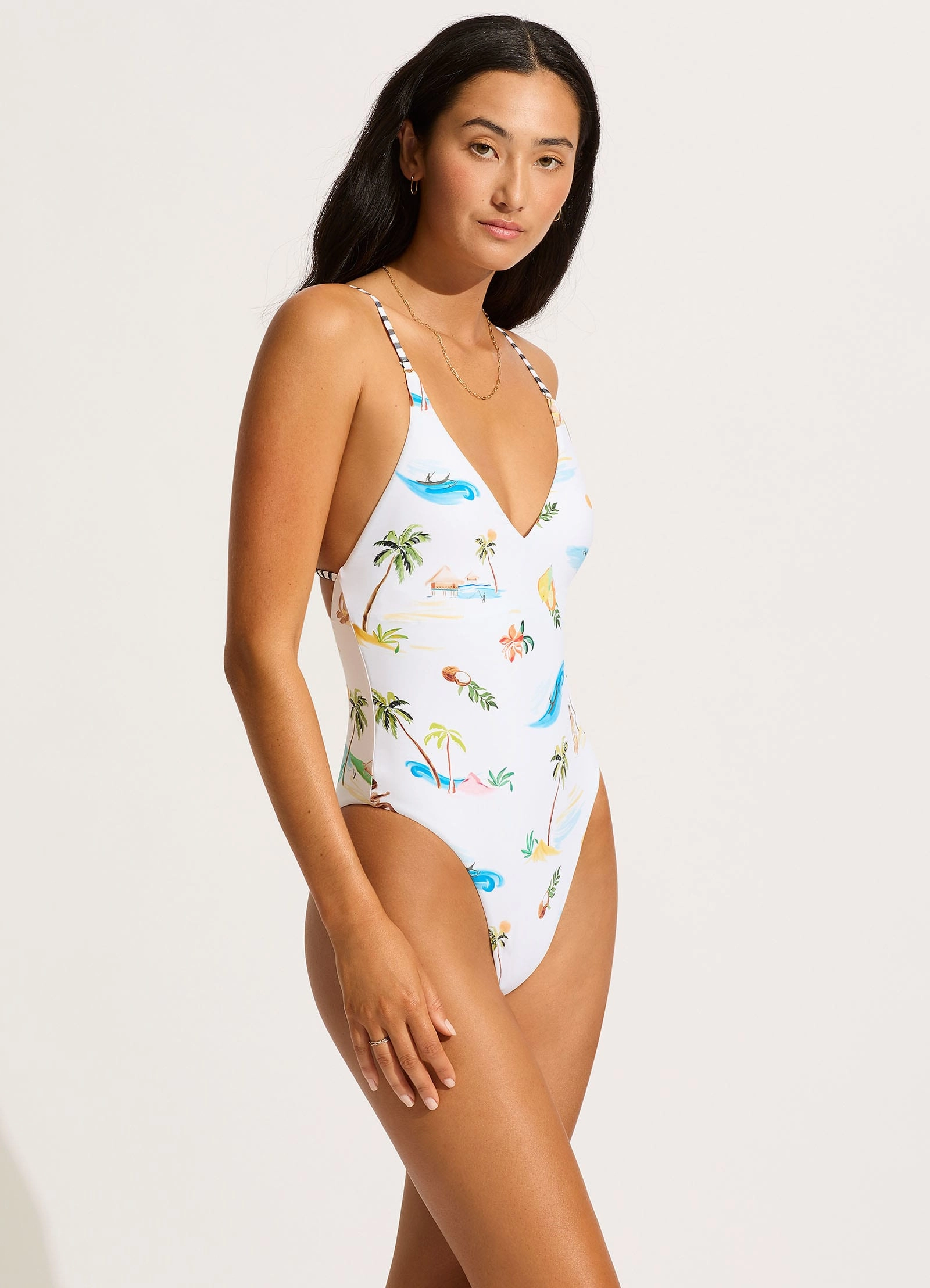 Isla Palm V Neck One Piece - White
