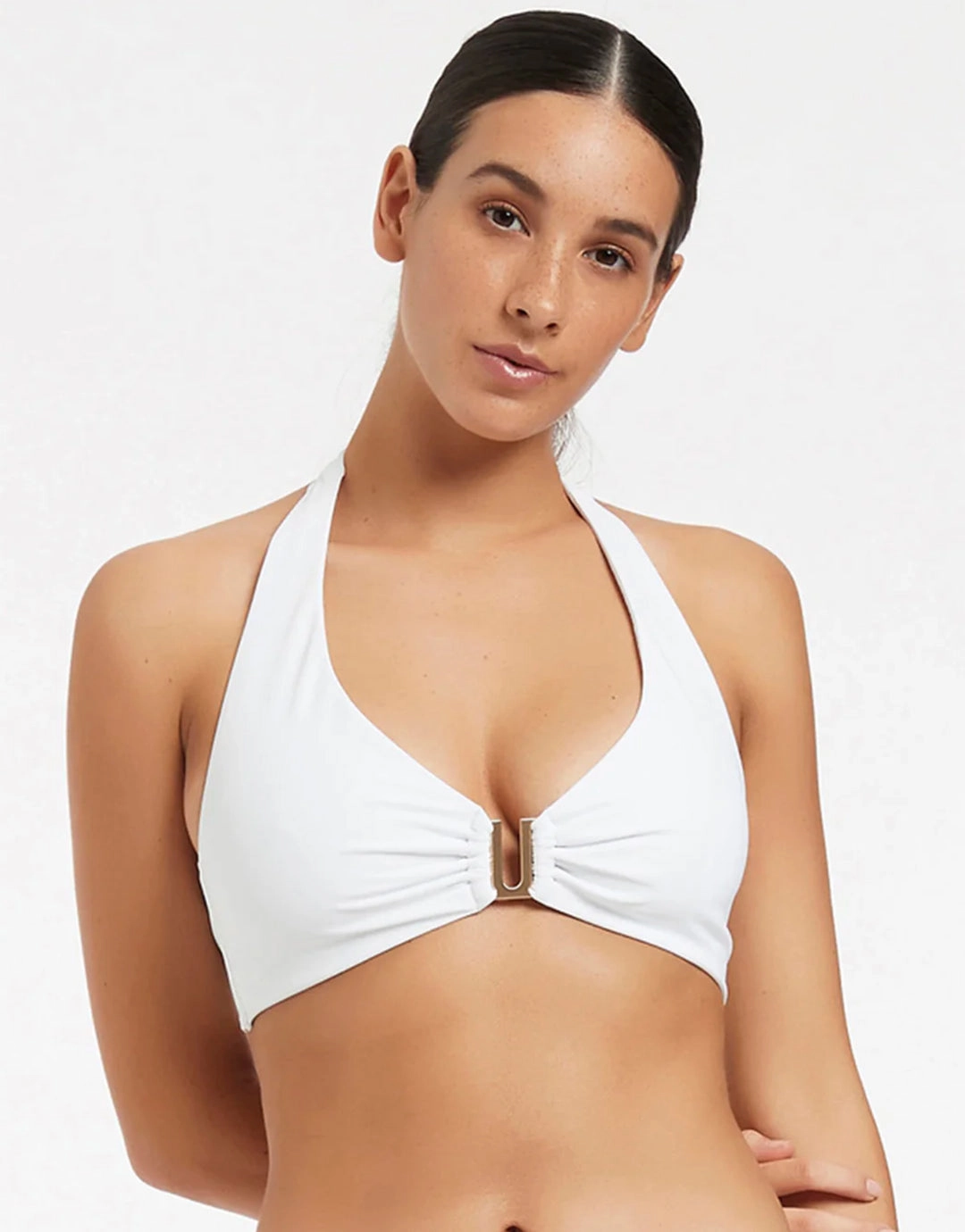 Jetset D DD U Trim Halter Bikini Top - White full coverage swim tops, cute bikini tops