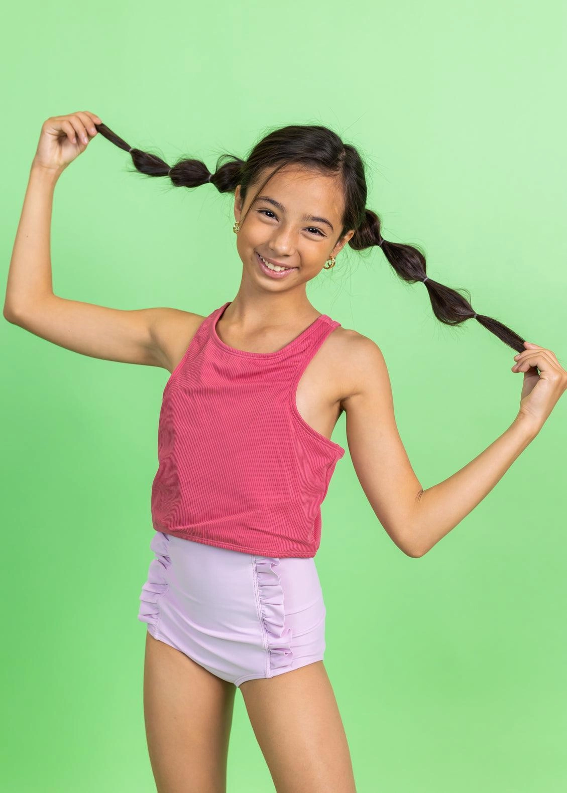 Just Lilac | Youth Down in Front Ruffle Bottoms girls full coverage swimwear, kids swimwear for pool