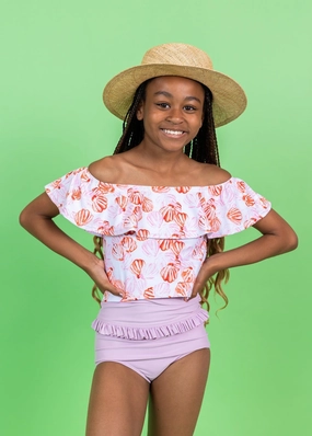 Just Lilac | Youth Mid-Ruffle Bottoms girls full coverage swimwear, kids swimwear for pool