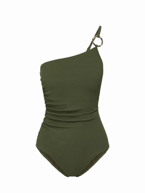 Kara One Piece Olive Textured Stripe high waist swimwear women, swimsuit for women beachwear