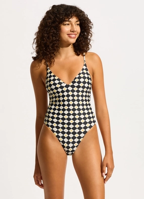 Kasbah V Neck One Piece - Black slimming one piece swimsuits, fashionable one piece suits